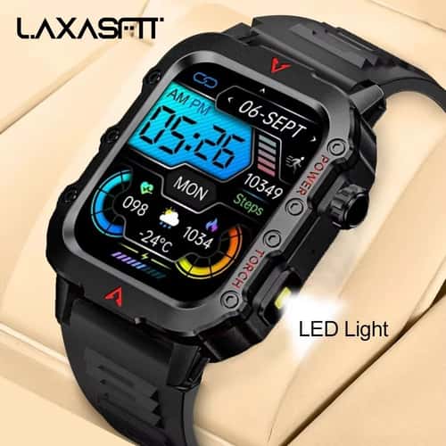 LAXASFIT Mens Smart Watch with LED Flashlight and Health Monitoring