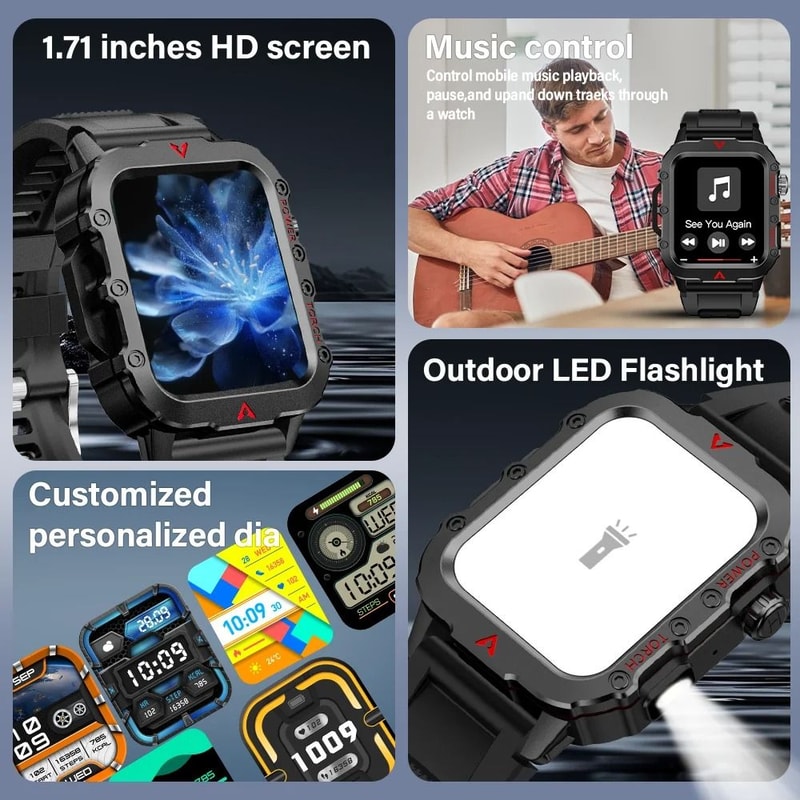 LAXASFIT Mens Smart Watch With LED Flashlight And Health Monitoring 5