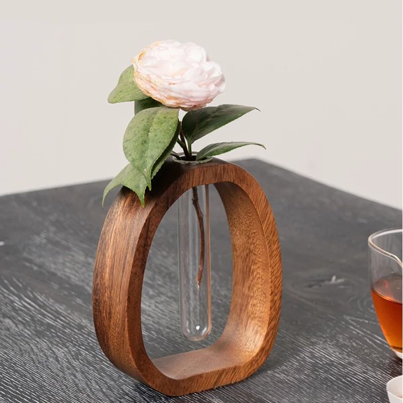 Solid Wood Flower Vase With Mini Glass Hydroponic Insert 0
