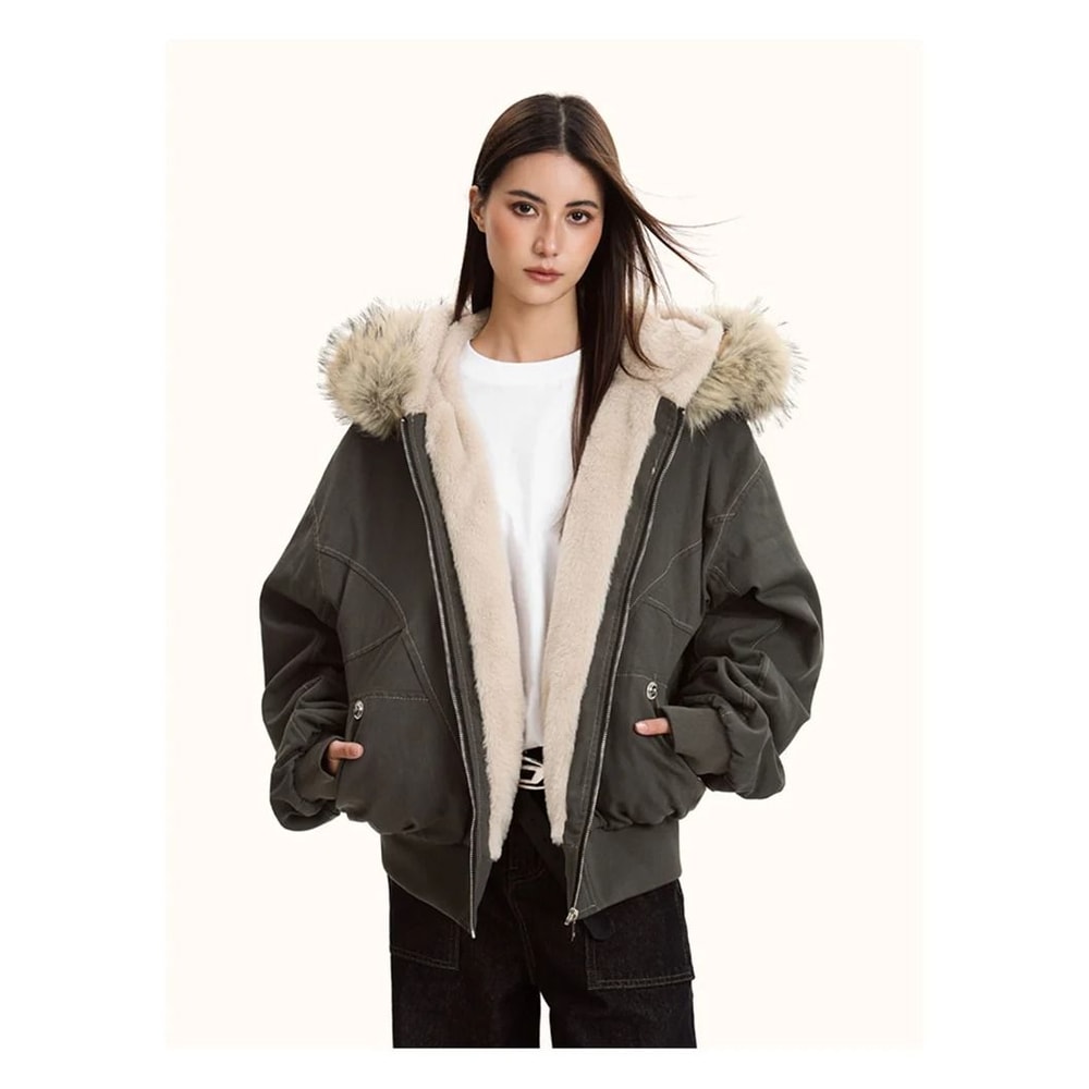 ZAROY Y2K Gothic Fur Hooded Parka Thicken Winter Streetwear Jacket 1