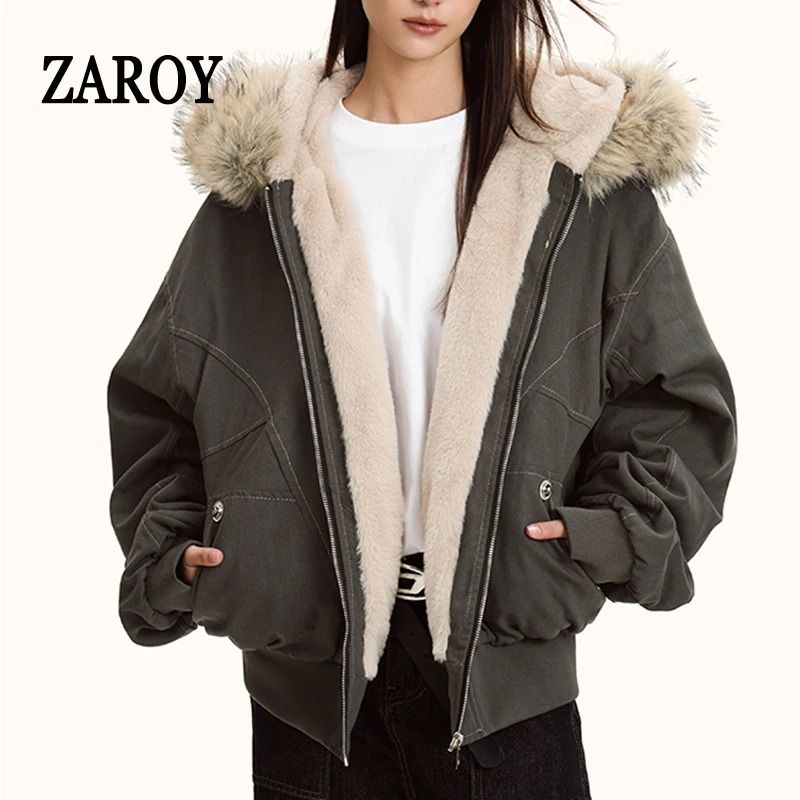 ZAROY Y2K Gothic Fur Hooded Parka Thicken Winter Streetwear Jacket 8