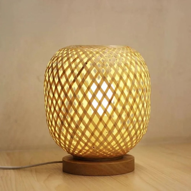 Adjustable Rattan Table Lamp With Bamboo Woven Shade Natural Bedside Light 0
