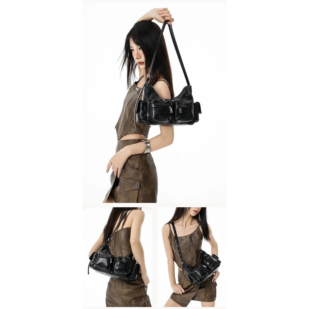 Jozy Y2K Biker Shoulder Bag Black Multi Pocket Vintage Crossbody 4