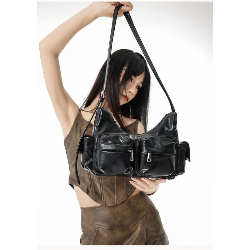 Jozy Y2K Biker Shoulder Bag Black Multi Pocket Vintage Crossbody 0