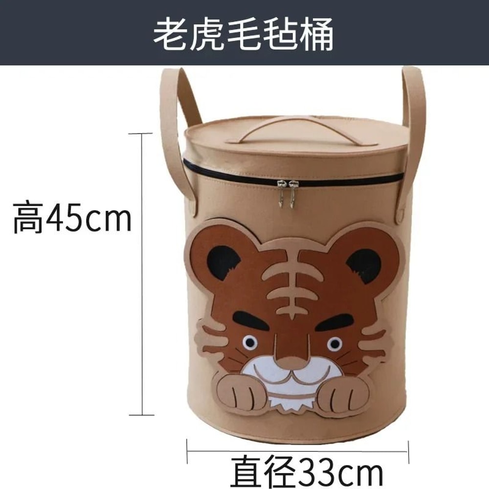 Cartoon Animal Felt Toy Storage Bucket With Lid Large Portable Laundry Hamper 3