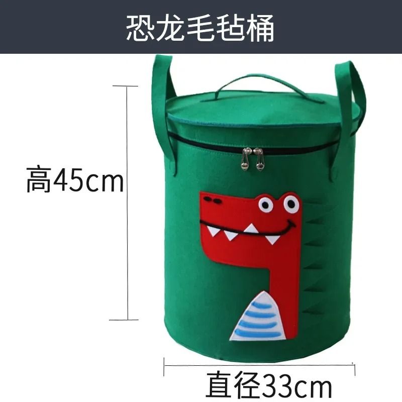 Cartoon Animal Felt Toy Storage Bucket With Lid Large Portable Laundry Hamper 2