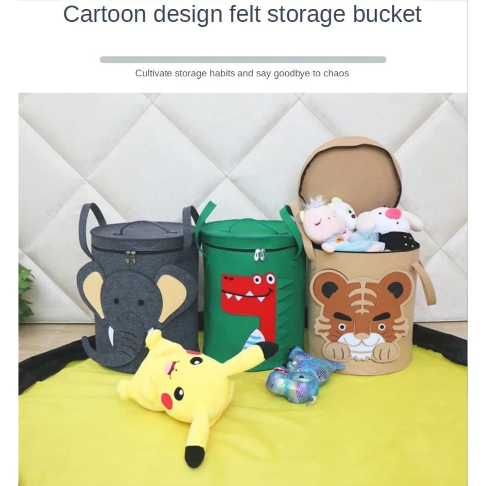 Cartoon Animal Felt Toy Storage Bucket With Lid Large Portable Laundry Hamper 6