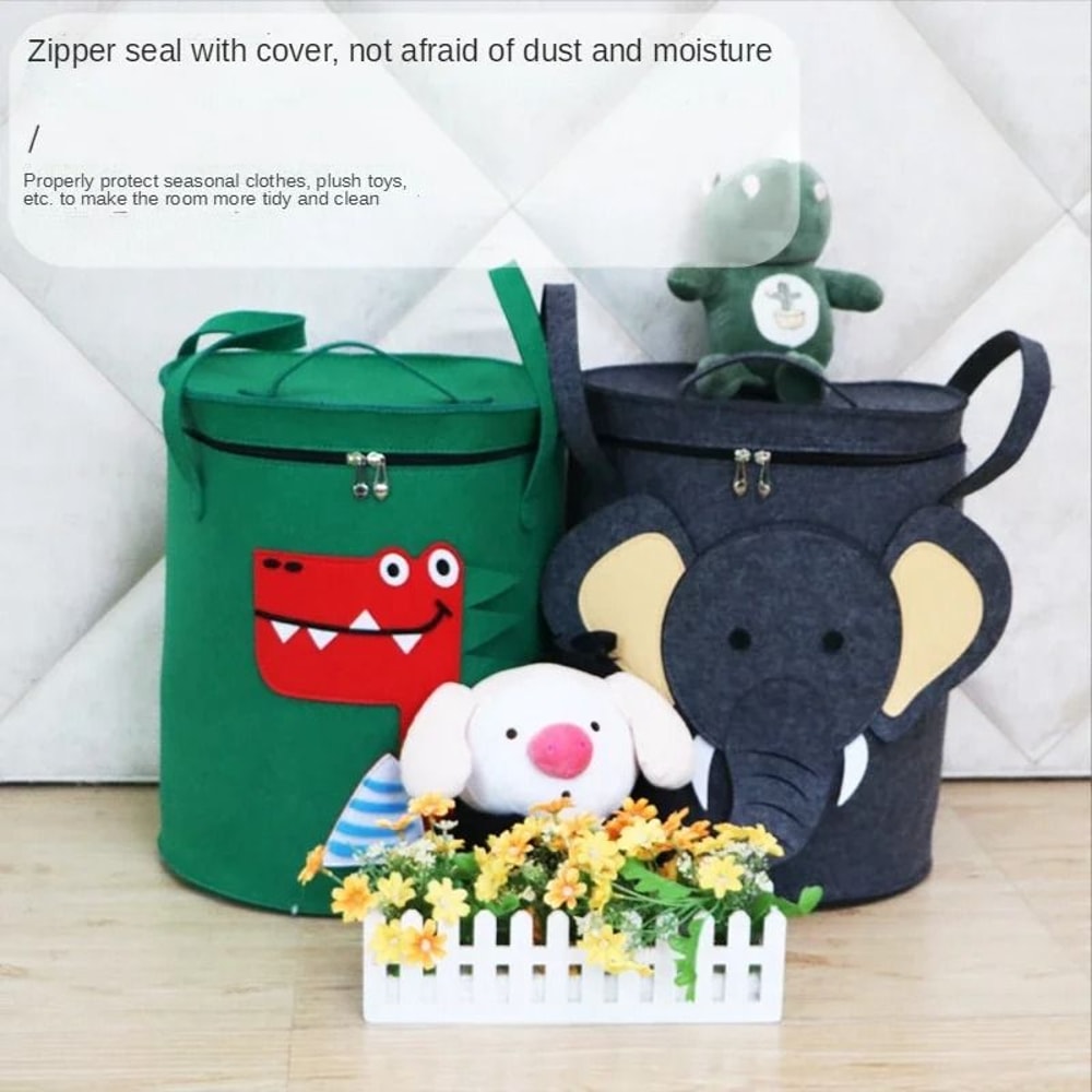 Cartoon Animal Felt Toy Storage Bucket With Lid Large Portable Laundry Hamper 7