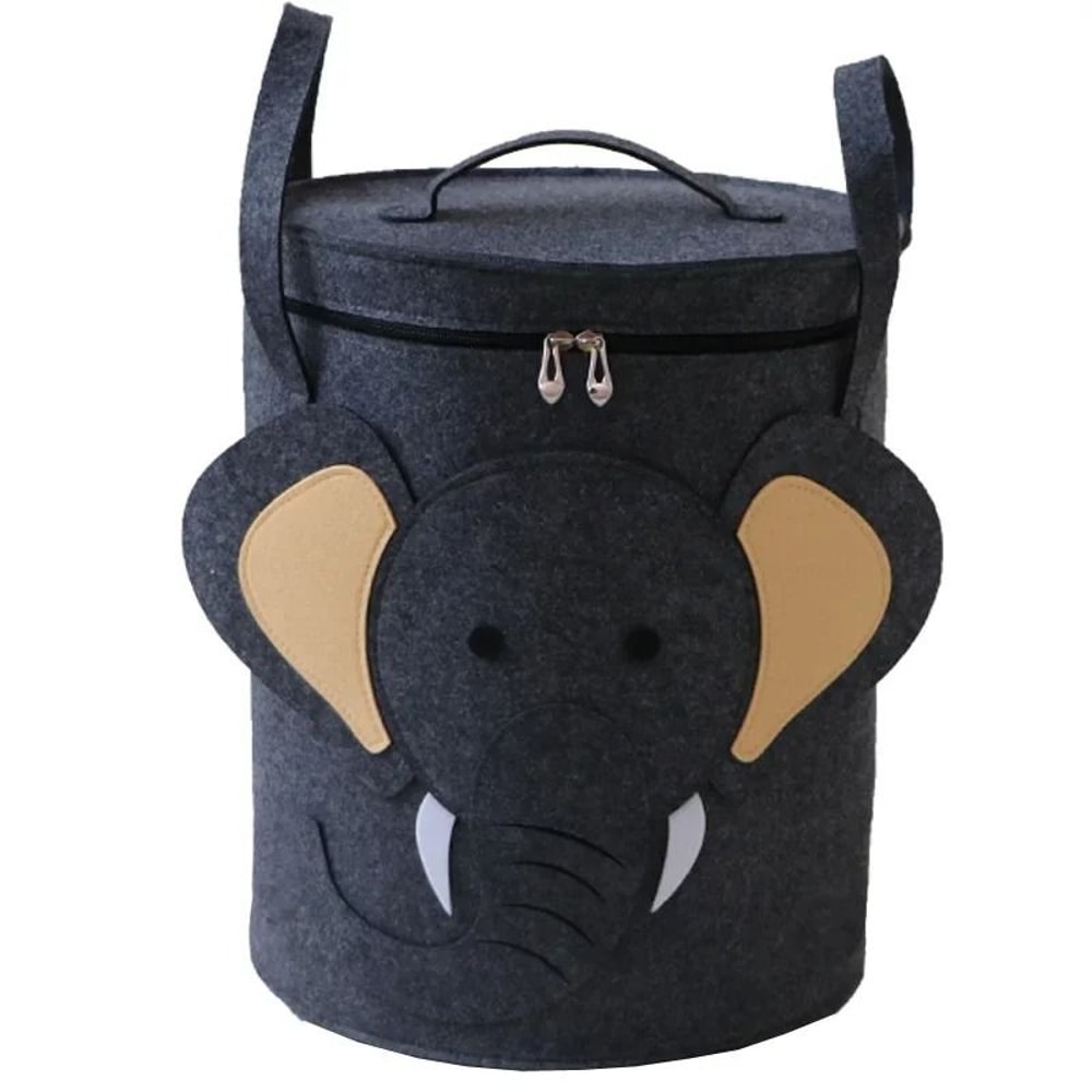 Cartoon Animal Felt Toy Storage Bucket With Lid Large Portable Laundry Hamper 0
