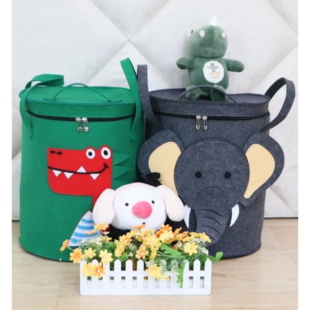 Cartoon Animal Felt Toy Storage Bucket With Lid Large Portable Laundry Hamper 8