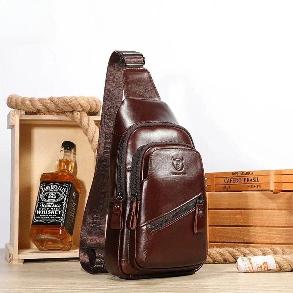 BULLCAPTAIN Mens Leather Chest Bag Large Capacity Casual Crossbody Sling 1