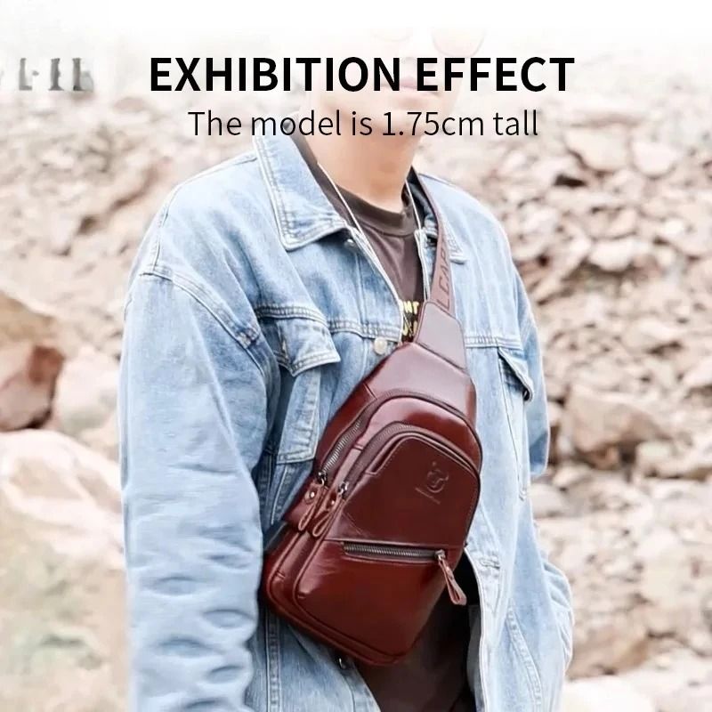 BULLCAPTAIN Mens Leather Chest Bag Large Capacity Casual Crossbody Sling 7