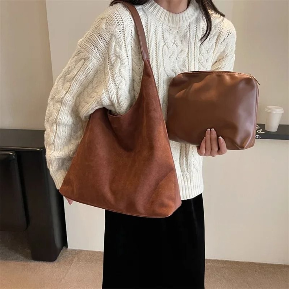 Vintage Suede Shoulder Bag Large Capacity Casual Commuter Handbag For Women 13