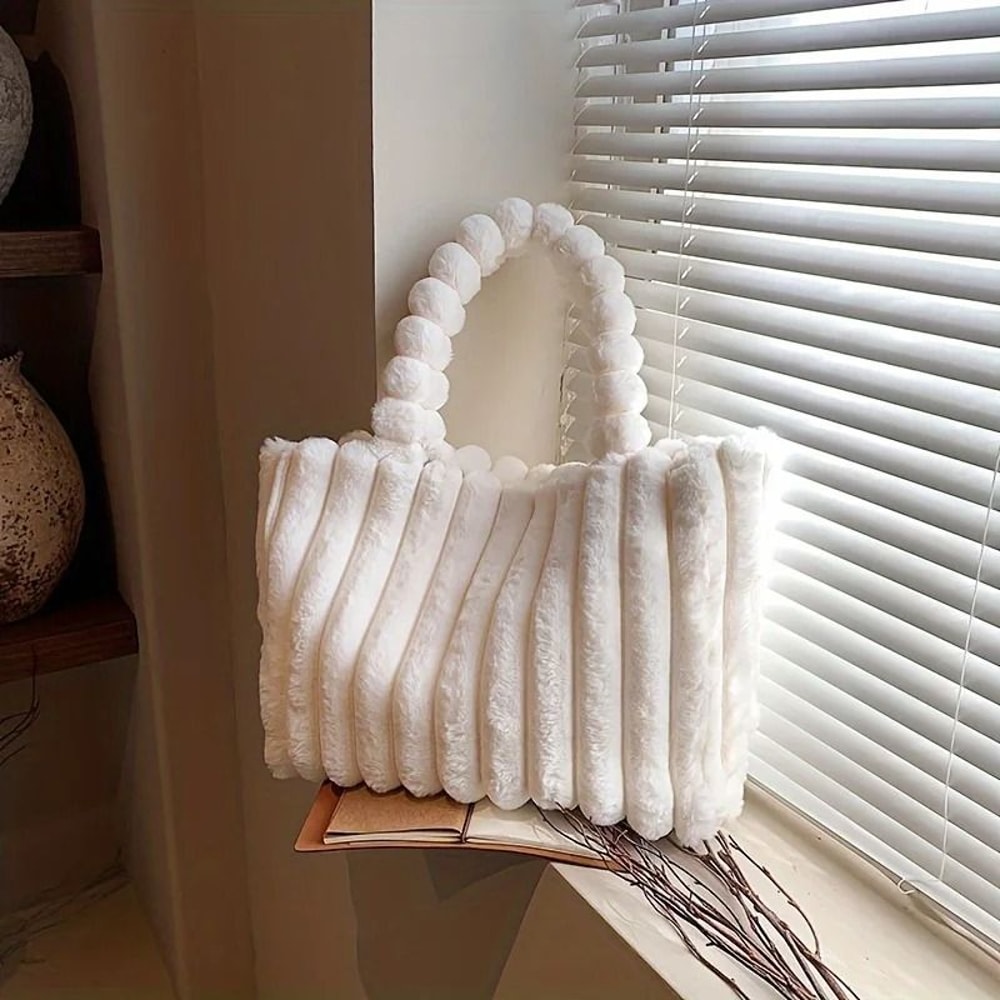 Luxurious Plush Tote Bag Striped Faux Fur Shoulder Handbag 2