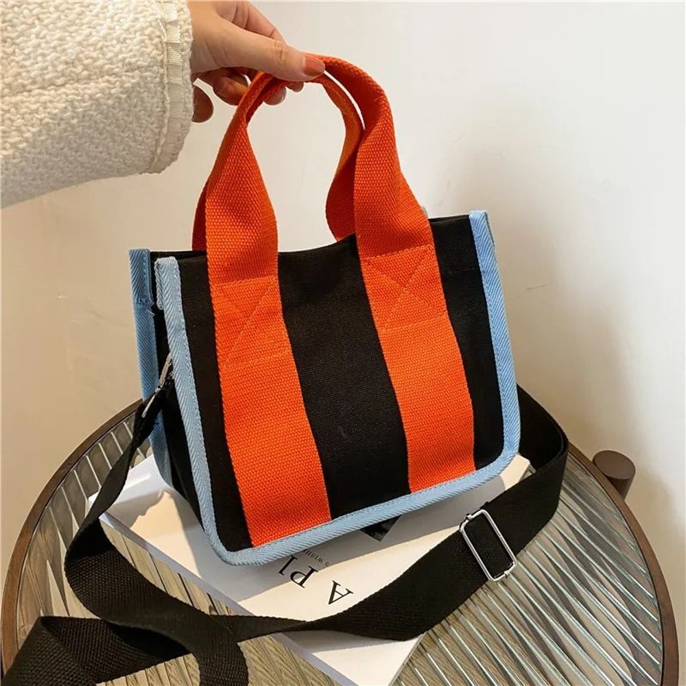 Contrast Color Canvas Tote Bag Fashion Crossbody Shoulder Handbag 1