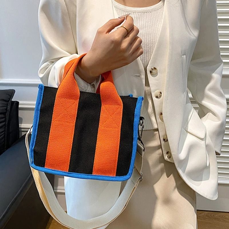 Contrast Color Canvas Tote Bag Fashion Crossbody Shoulder Handbag 4