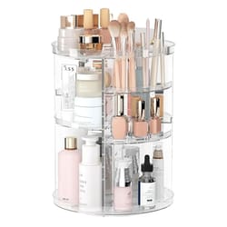 rotating makeup organizer carousel with brush holder and perfume tray