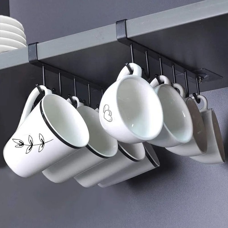 6 Hook Coffee Mug Holder Rack Under Cabinet Kitchen Cup Organizer 6