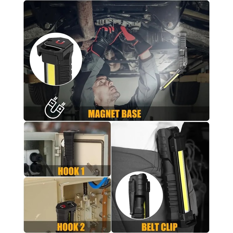 Rechargeable COB LED Work Light Foldable Magnetic Flashlight With Hook 10