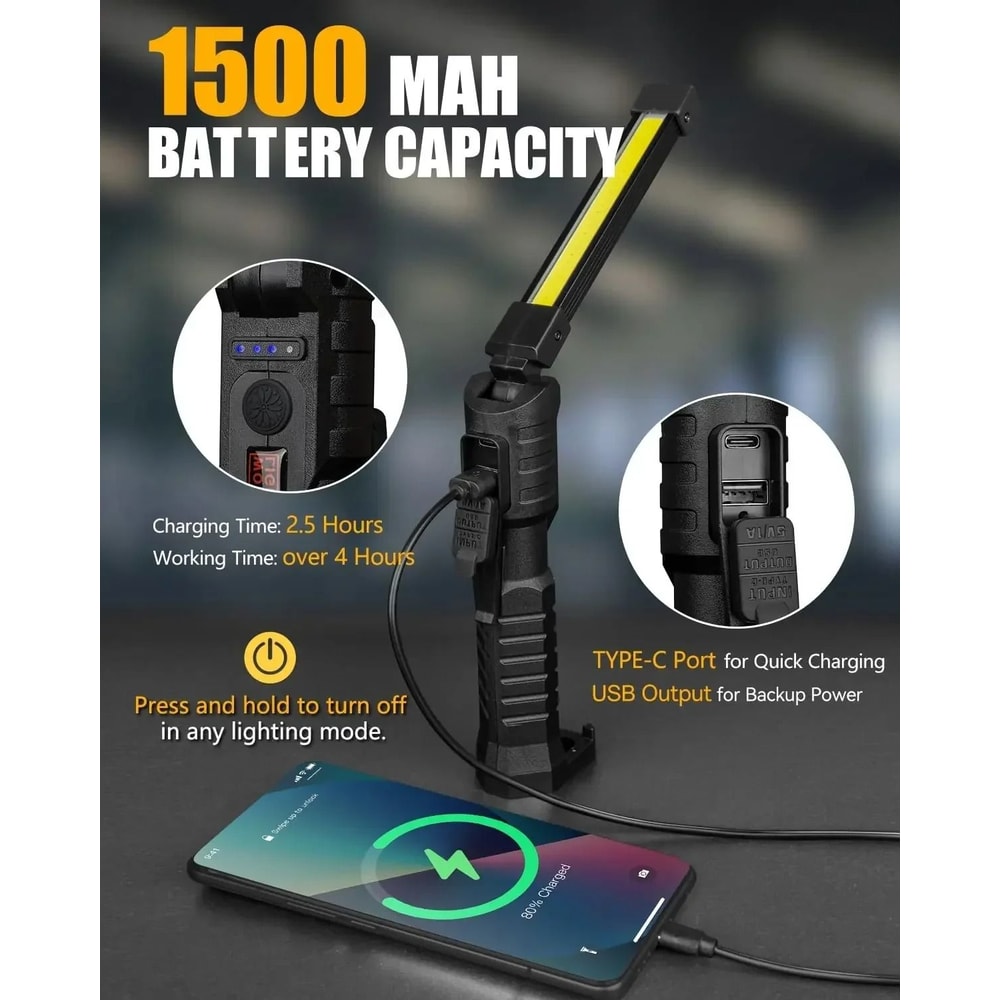 Rechargeable COB LED Work Light Foldable Magnetic Flashlight With Hook 12
