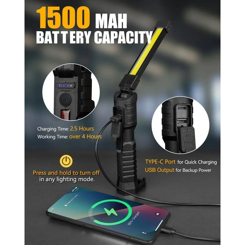 Rechargeable COB LED Work Light Foldable Magnetic Flashlight With Hook 12