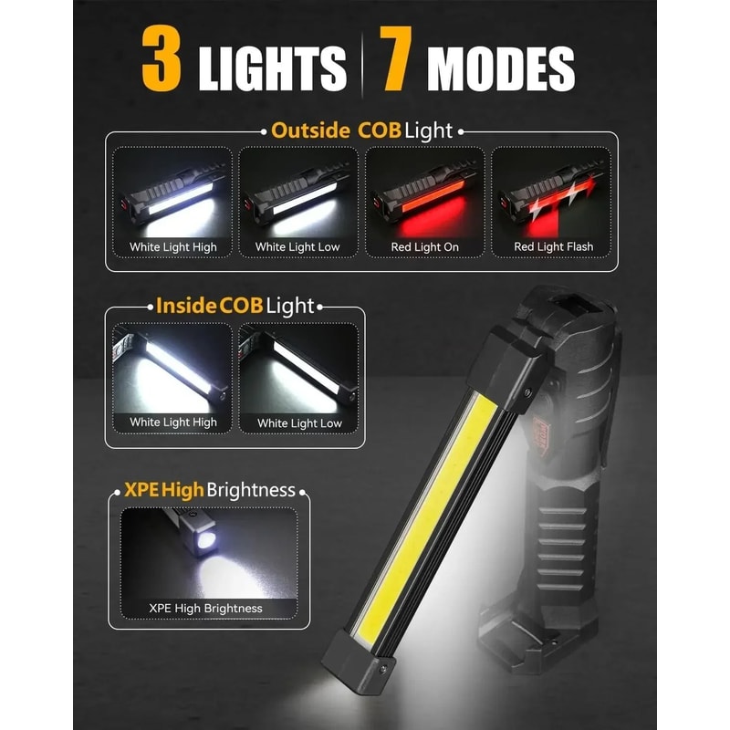 Rechargeable COB LED Work Light Foldable Magnetic Flashlight With Hook 13