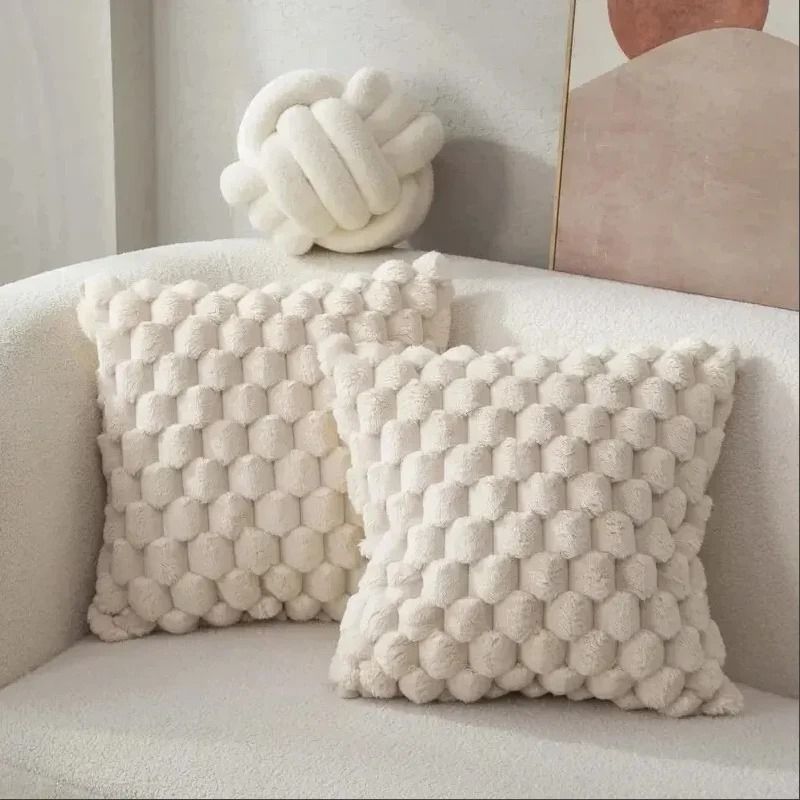 3D Plush Throw Pillowcase Cream White Decorative Sofa Cushion Cover 8