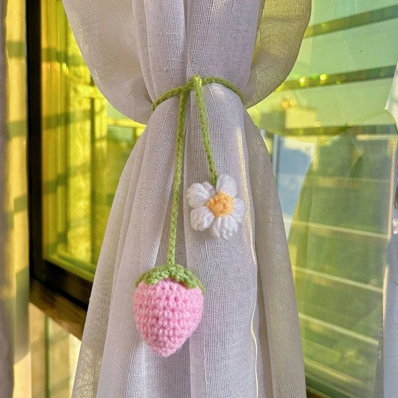 Crochet Car Hanging Plant Strawberry Rearview Mirror Car Charm Cute Handmade Car Decor 2