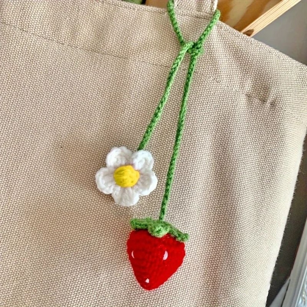 Crochet Car Hanging Plant Strawberry Rearview Mirror Car Charm Cute Handmade Car Decor 1