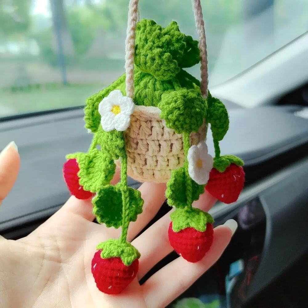 Crochet Car Hanging Plant Strawberry Rearview Mirror Car Charm Cute Handmade Car Decor 6