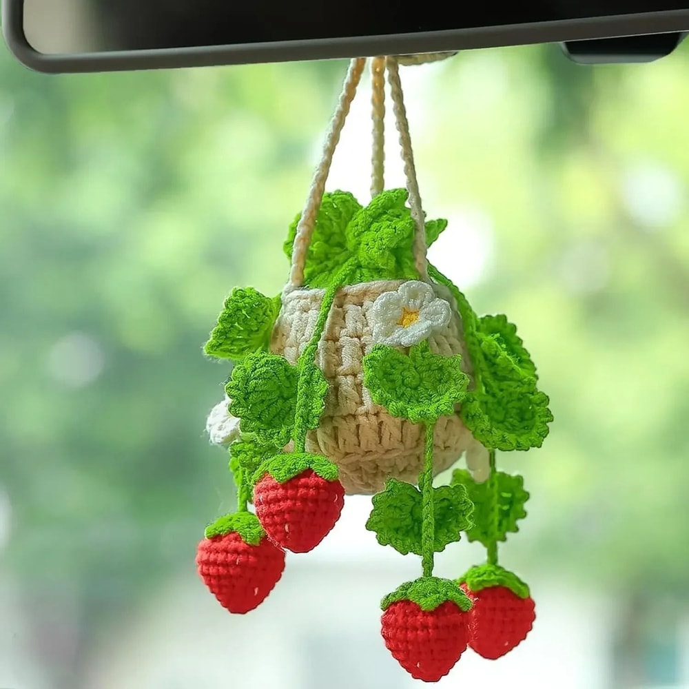 Crochet Car Hanging Plant Strawberry Rearview Mirror Car Charm Cute Handmade Car Decor 8
