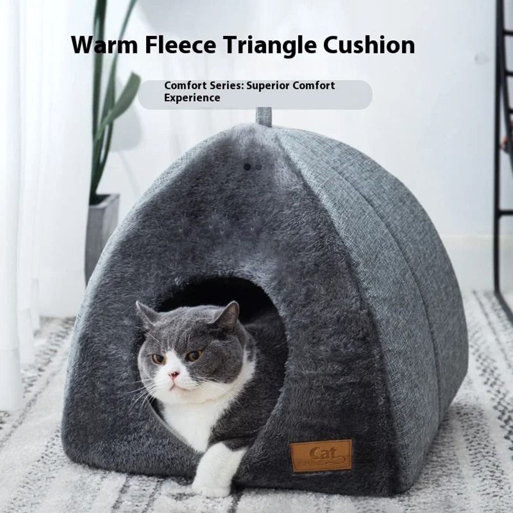 Triangular Cat Cave Bed Plush Enclosed Cat House Warm Pet Bed For Cats And Small Dogs 3