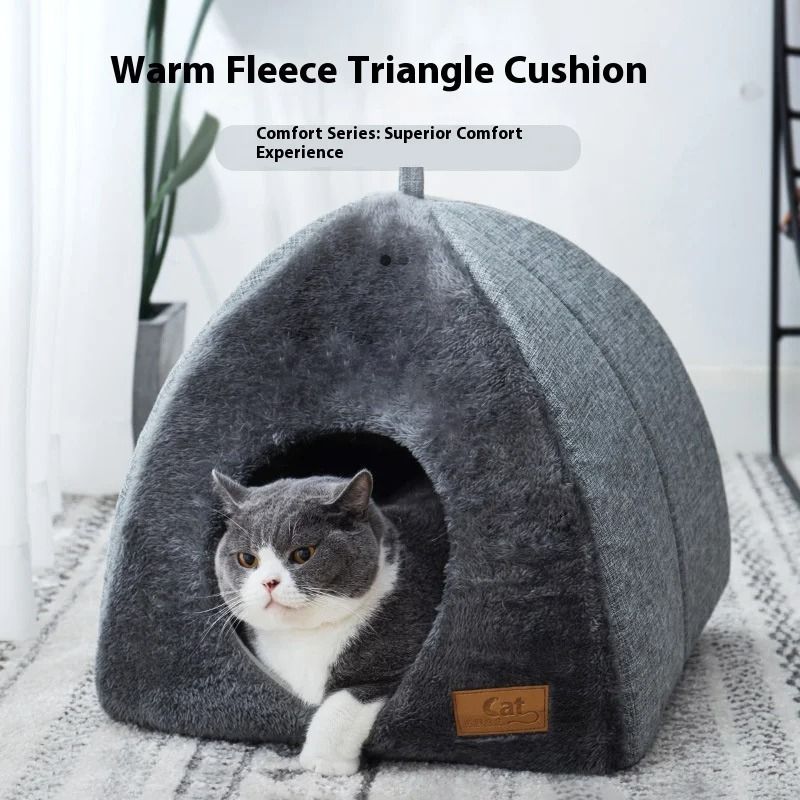 Triangular Cat Cave Bed Plush Enclosed Cat House Warm Pet Bed For Cats And Small Dogs 3