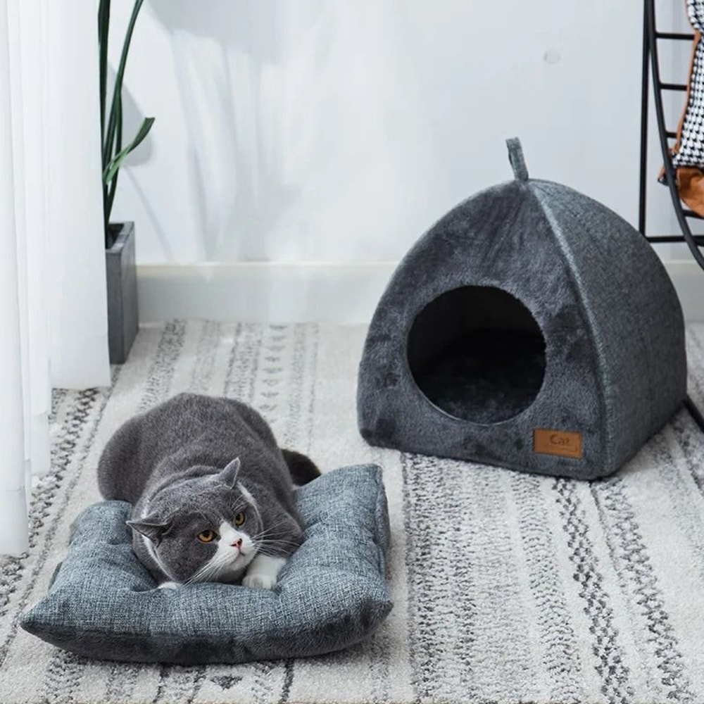 Triangular Cat Cave Bed Plush Enclosed Cat House Warm Pet Bed For Cats And Small Dogs 4