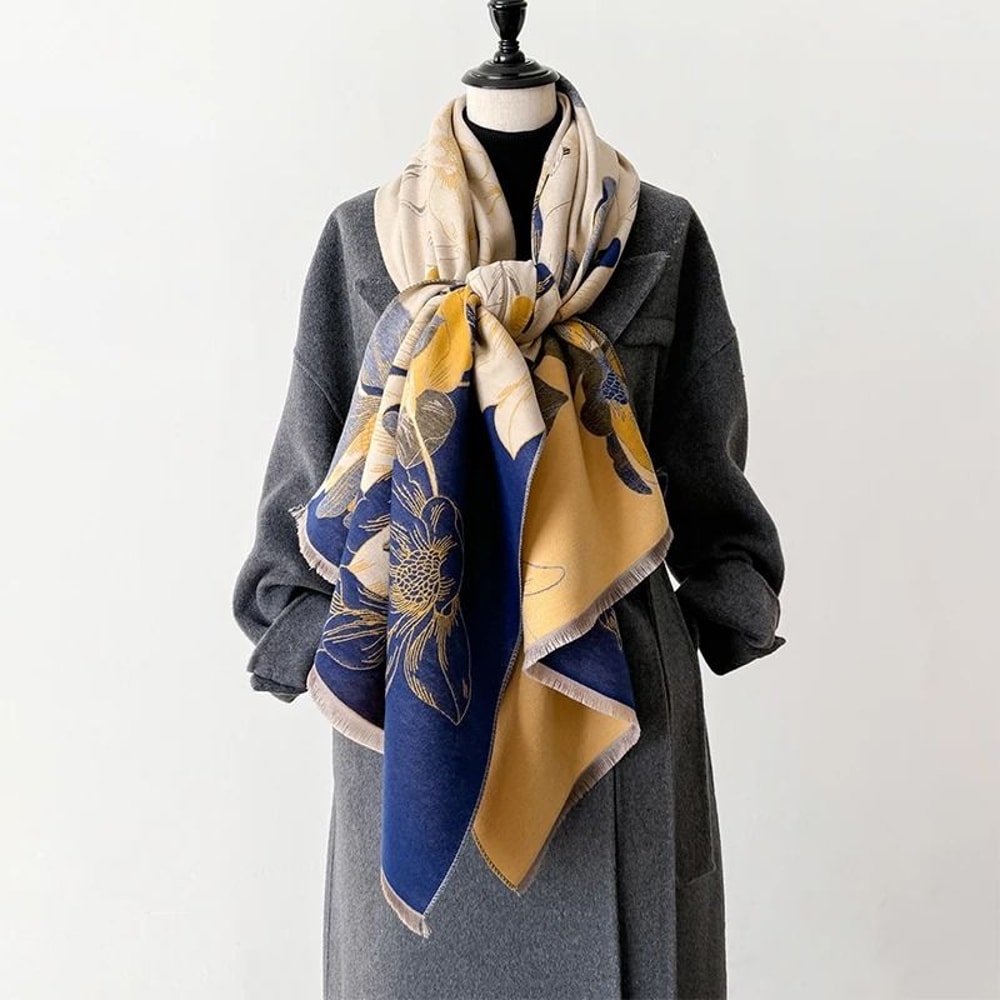 Elegant Cashmere Winter Scarf Luxury Pashmina Shawl Wrap Lotus Pattern Soft Warm Scarf For Women 9