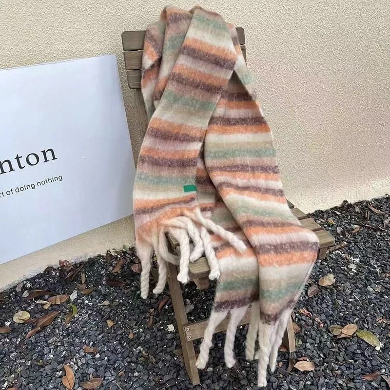 Vintage Gradient Striped Scarf Korean Style Winter Shawl Scarf Thick Warm Neck Wrap For Women 6