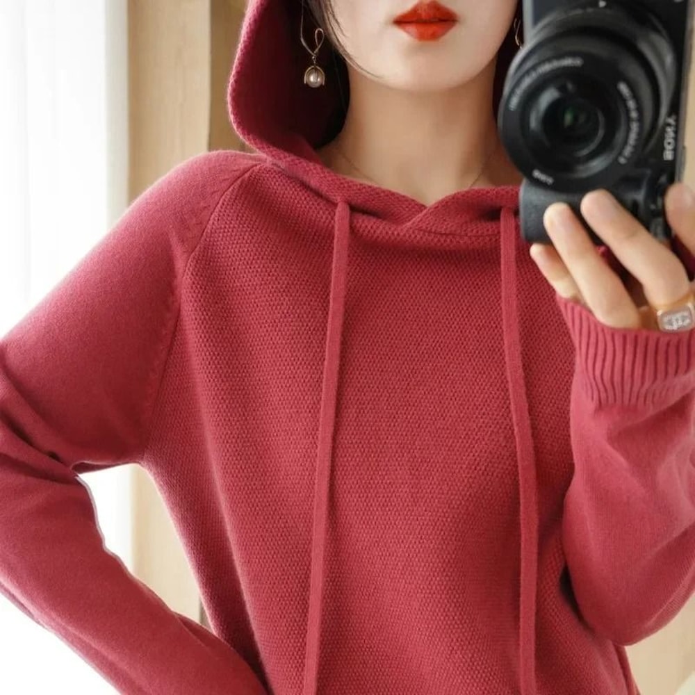 Womens Hooded Knit Sweater Korean Style Casual Pullover Hoodie Warm Long Sleeve Autumn Winter Top 4