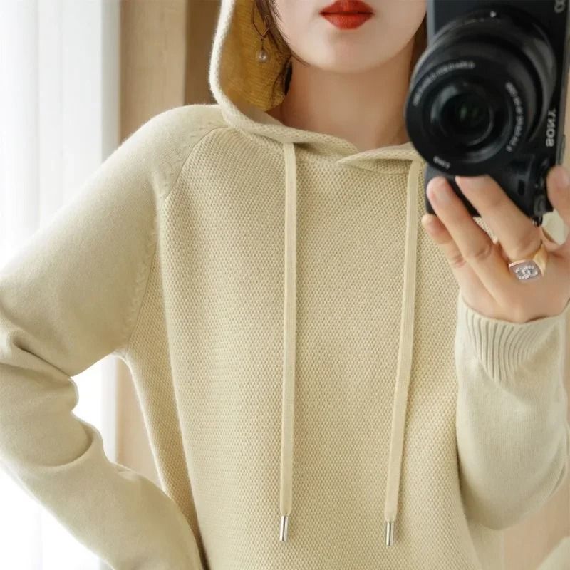 Womens Hooded Knit Sweater Korean Style Casual Pullover Hoodie Warm Long Sleeve Autumn Winter Top 5