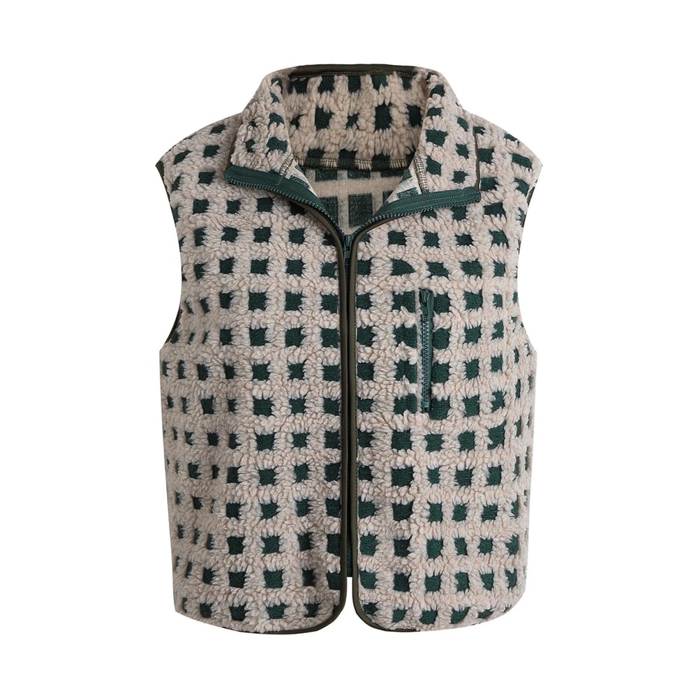 Womens Fuzzy Checkered Vest Zip Up Sleeveless Jacket Vest Warm Stand Collar Casual Outwear 1