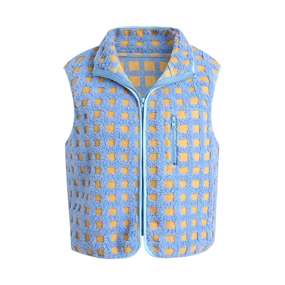 Womens Fuzzy Checkered Vest Zip Up Sleeveless Jacket Vest Warm Stand Collar Casual Outwear 2