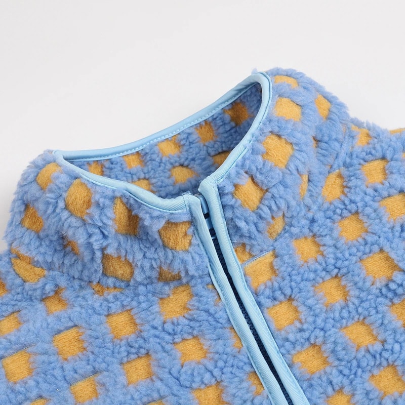 Womens Fuzzy Checkered Vest Zip Up Sleeveless Jacket Vest Warm Stand Collar Casual Outwear 4