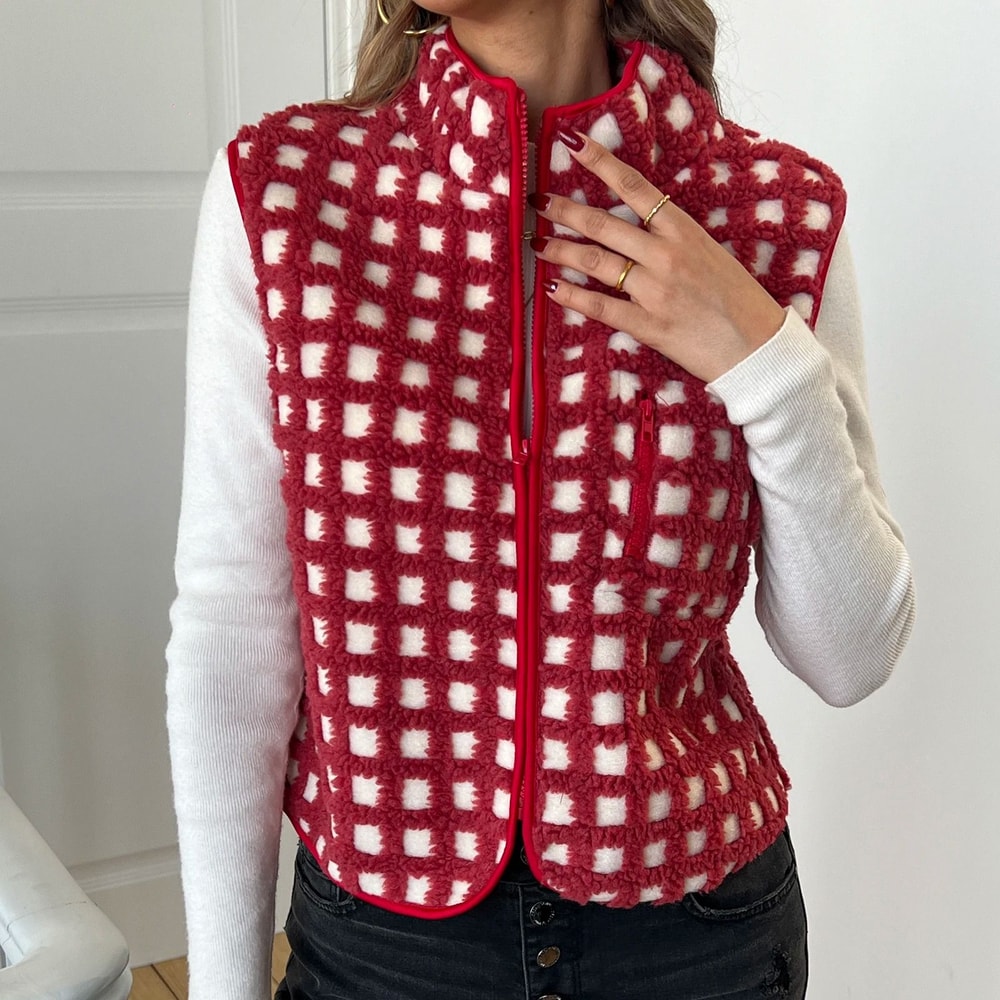 Womens Fuzzy Checkered Vest Zip Up Sleeveless Jacket Vest Warm Stand Collar Casual Outwear 5