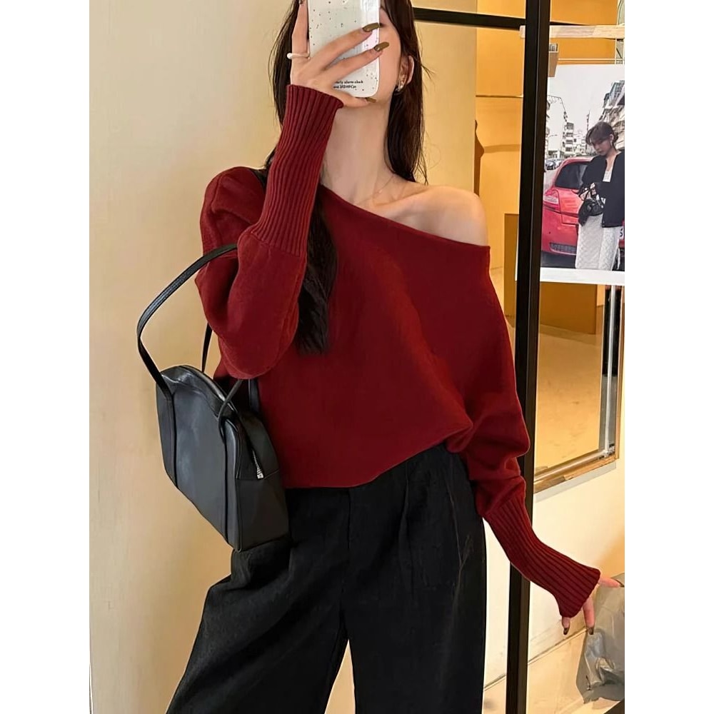Womens Batwing Knit Sweater Off Shoulder Loose Korean Pullover Thick Long Sleeve Autumn Winter Top 3