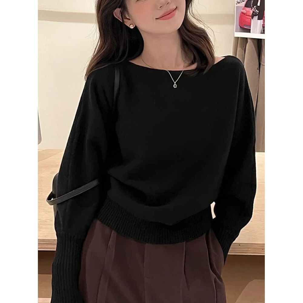 Womens Batwing Knit Sweater Off Shoulder Loose Korean Pullover Thick Long Sleeve Autumn Winter Top 1