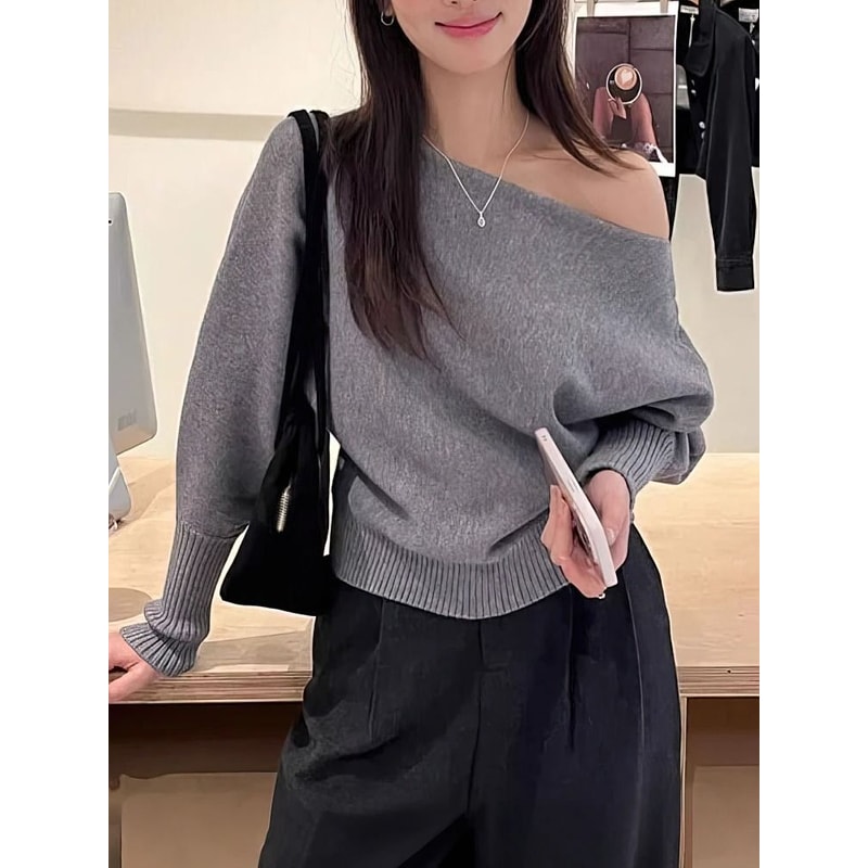 Womens Batwing Knit Sweater Off Shoulder Loose Korean Pullover Thick Long Sleeve Autumn Winter Top 0