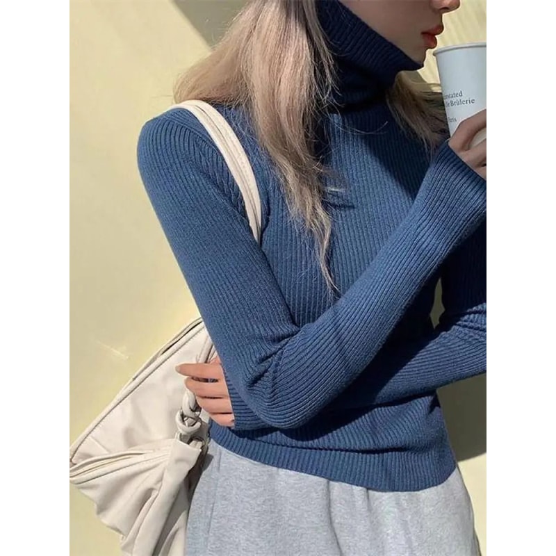 Womens Turtleneck Knit Sweater Korean Style Thumb Hole Pullover Warm Casual Autumn Winter Top 9