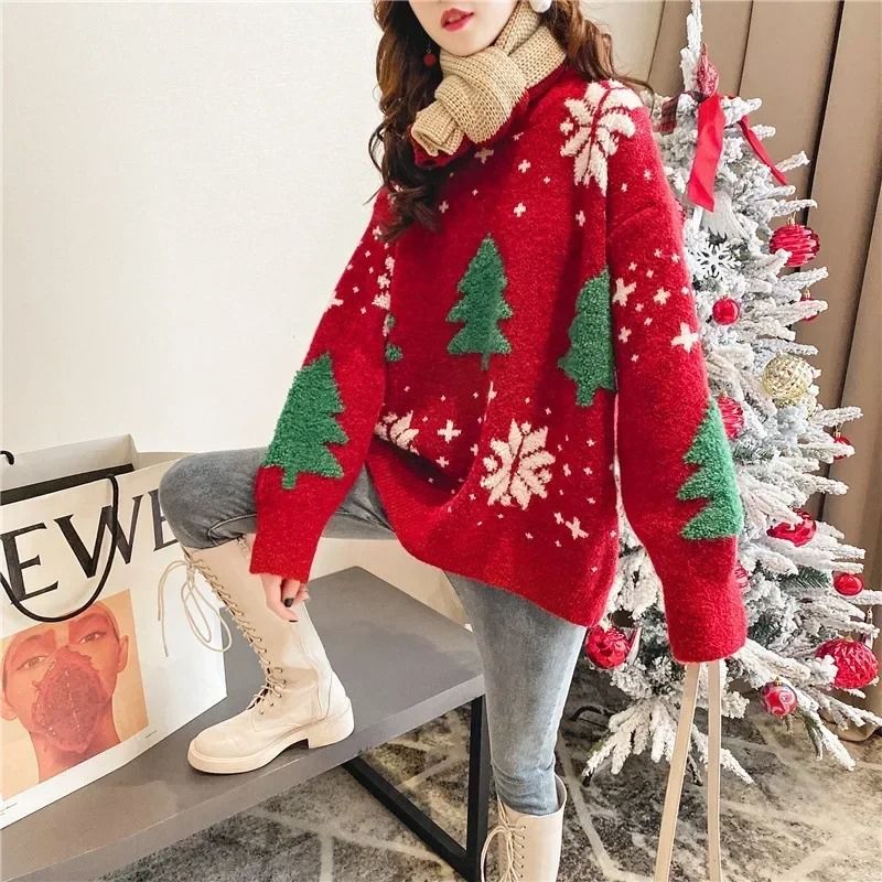 Womens Christmas Snowflake Sweater Korean Style Color Block Knit Pullover Thick Winter Round Neck S 2