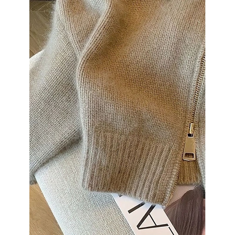 Womens Patchwork Cropped Cardigan Thick Zip Up Knit Bomber Sweater Vintage Y2K Short Knit Jacket 1