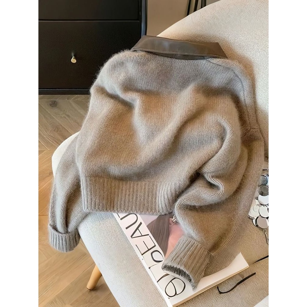 Womens Patchwork Cropped Cardigan Thick Zip Up Knit Bomber Sweater Vintage Y2K Short Knit Jacket 3