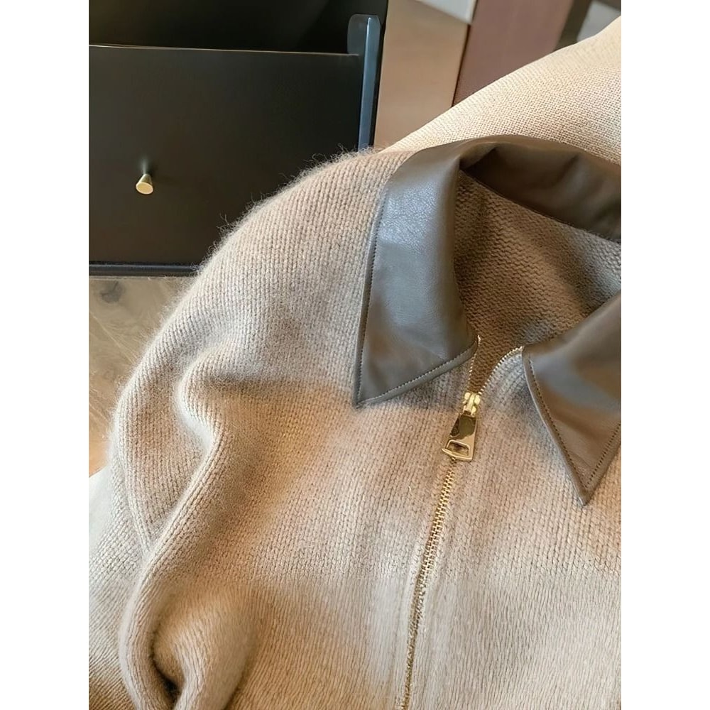 Womens Patchwork Cropped Cardigan Thick Zip Up Knit Bomber Sweater Vintage Y2K Short Knit Jacket 4